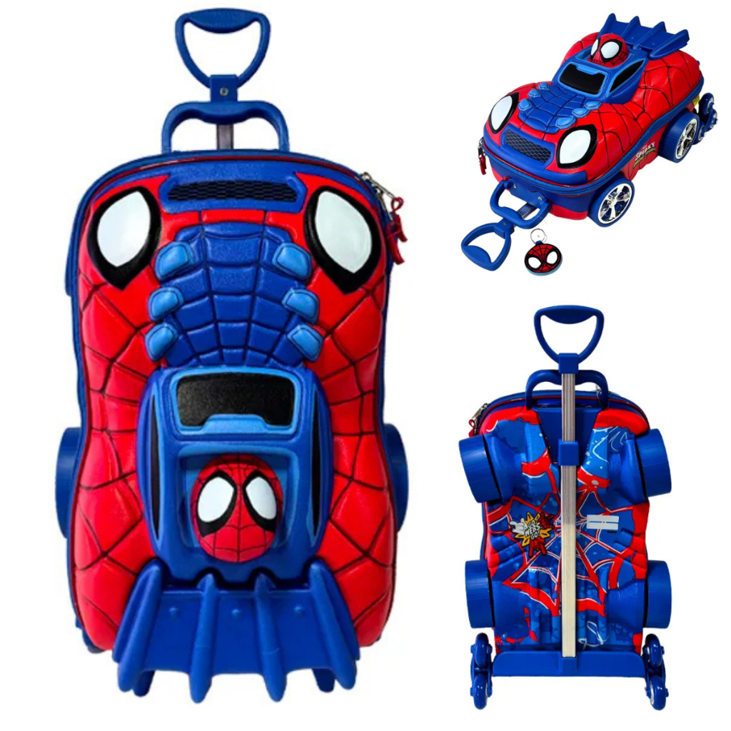 Mala Infantil Spidey Peter Miles Carro Max Toy 3801DM26 com Design 3D e 3 Rodas 