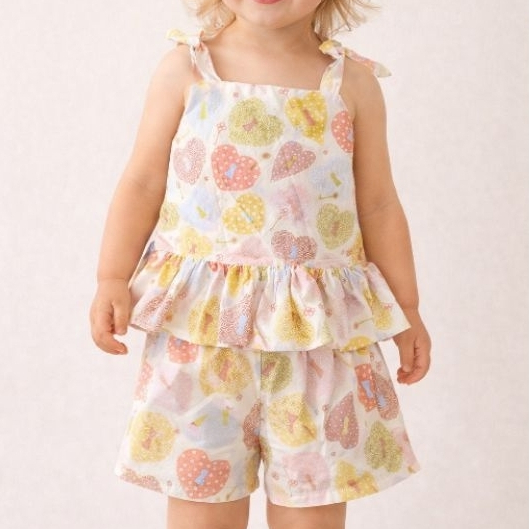 Conjunto Infantil Menina 02 anos 10 Stitch Cereja– Blusa Alcinha com Laço Regulável + Short Soltinho, Look Verão Moderno