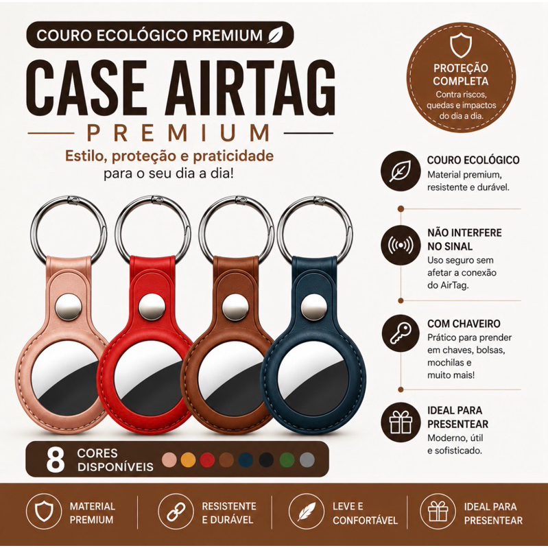 Case AirTag Couro Ecológico Premium Chaveiro Protetor para Chaves Mochila Mala C