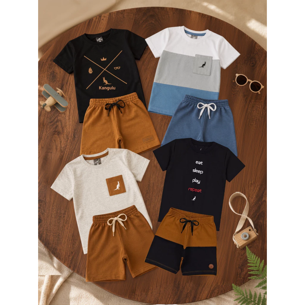 Kit 4 Peças Conjunto Infantil Menino Verão Confortável 2 Camisas 2 Shorts Sortido Roupa Infantil Bebê 1 ao 12 — imagem 1