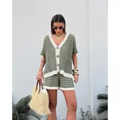 Conjunto Tricot Feminino Crochê Rendado Camisa Verão Max Colete Short Forrado Flor Elegante Casual Confortável Tendência