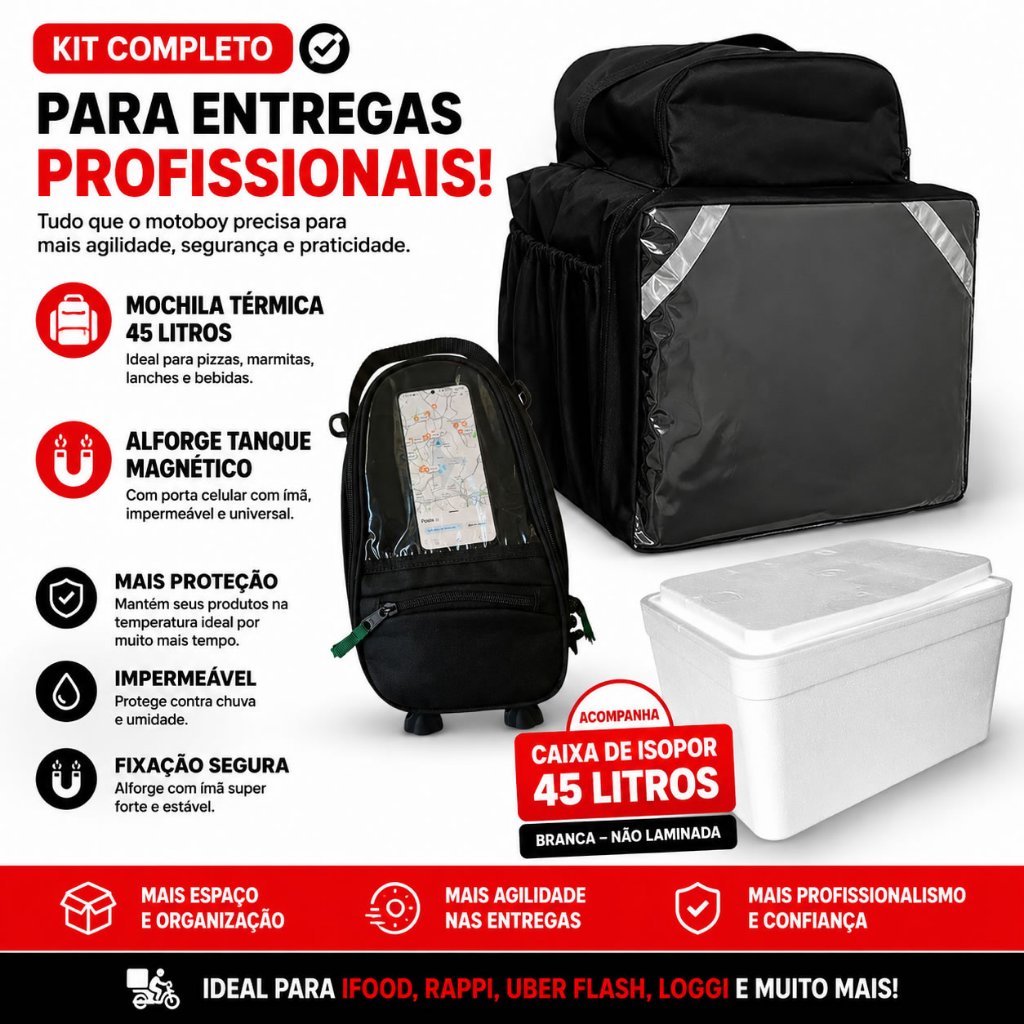 Kit Mochila Térmica Delivery 45L Com Isopor + Bolsa Tanque Moto Magnética Impermeável Porta Celular