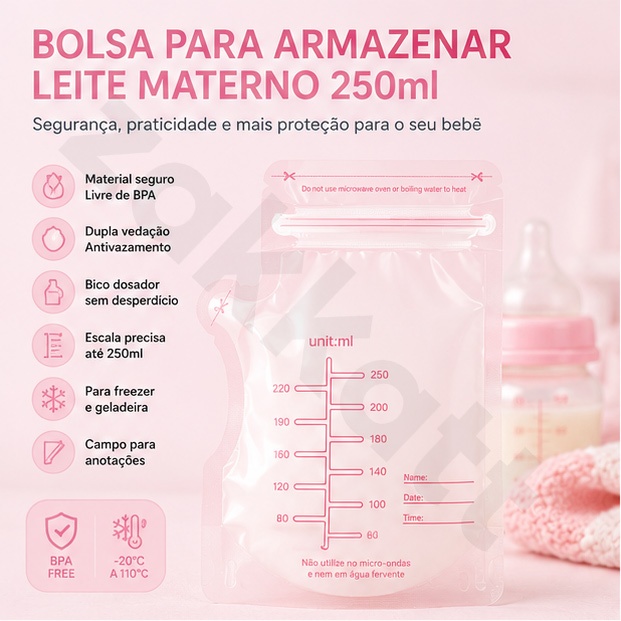 KIT 30/60 Bolsa para Leite Materno 250ml Dosador Vedação Dupla Resistente ao Freezer Sem BPA P1