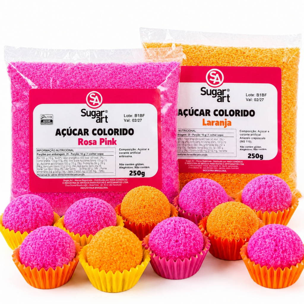 Açúcar Cristal Laranja Aniversario Rosa Festa Tropical Doce Confeitaria Decoração Bolos Docinhos