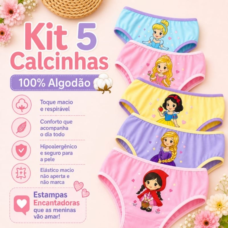 Calcinhas Infantis 100% Algodão Kit Menina Antialérgica Confortável Premium Respirável Macia Kit 5