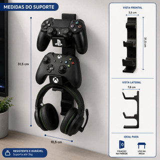 Suporte De Parede Para 2 Controles Compatível Com Xbox One, Ps4, Ps3, Ps5, Dualsense e Nintendo + Headset + Parafusos