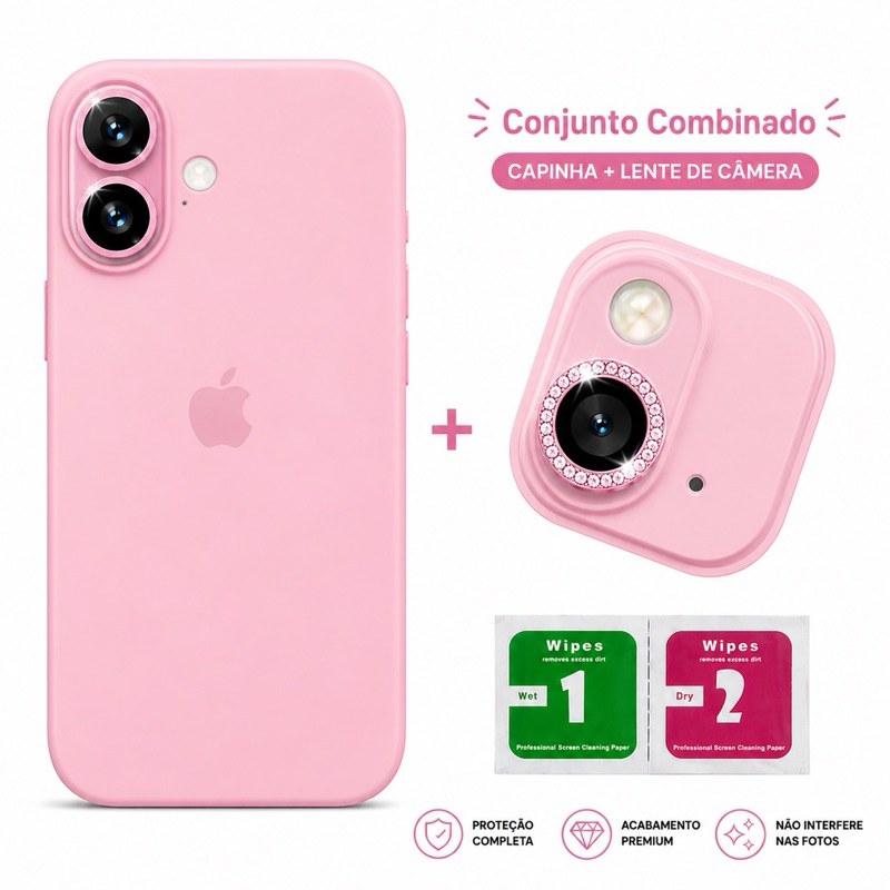 Kit Premium iPhone Capinha Silicone Aveludada + Protetor de Lente Diamante + Kit Limpeza Completo