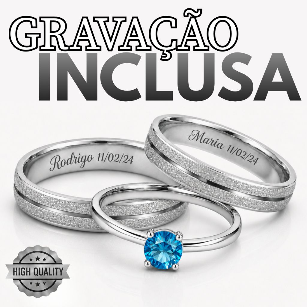 Par de Alianças + Gravação + Solitário *AZUL* com Caixa Luxo Namoro Compromisso e Amor