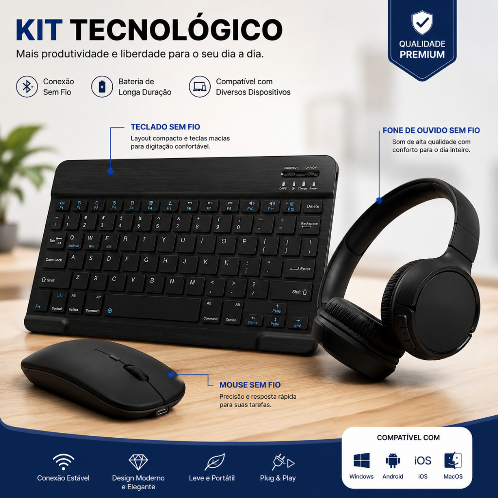 Kit Fone de Ouvido Bluetooth Tune 510 + Conjunto de Teclado + Mouse Sem Fio Bluetooth Para Notebook e Tablet