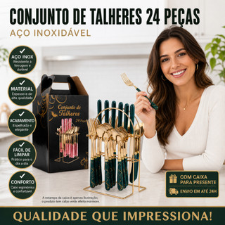 Jogo de Talheres Luxo 24 Peças Aço Inoxidável Dourado, Cabo Efeito Mármore com Suporte, Ideal para Presente