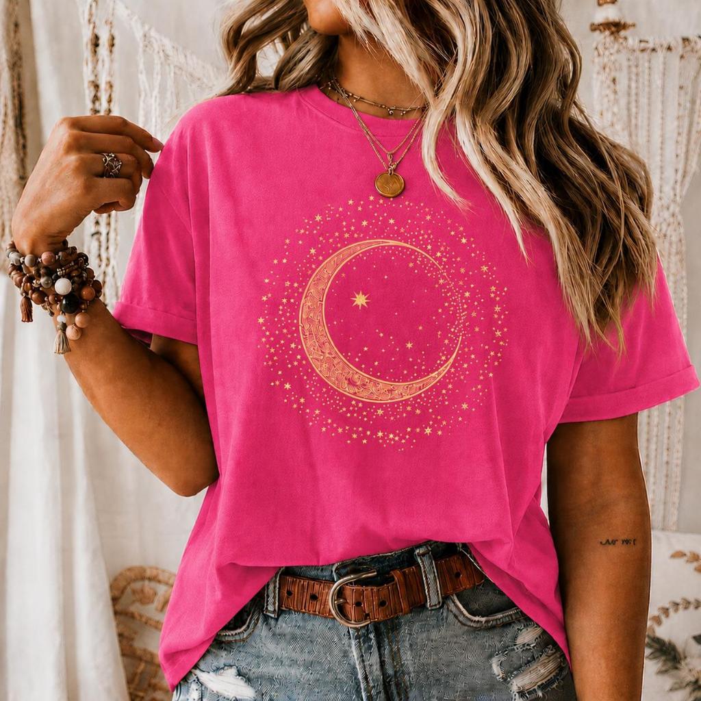 Tshirt Feminina Estilosa Camisa Estampada Círculo de Lua e Poeira das Estrelas Estampada Lançamento Camiseta 100%algodão