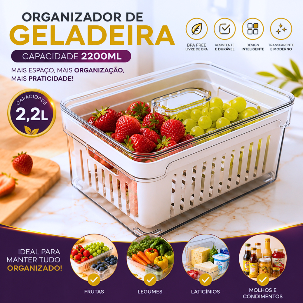 Organizador De Geladeira 2200 ML Acrílico Com Tampa Drenagem Pote Escorredor Alimentos Vegetais OU