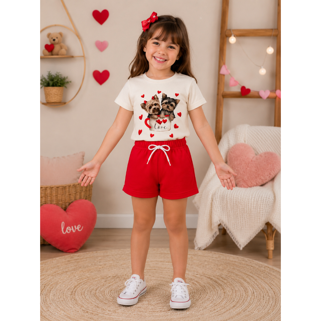 CONJUNTO VERÃO MENINA INFATIL.BLUSA OFF+BERMUDA VERMELHO COM CADARÇO BRANCO COM BRILHO
