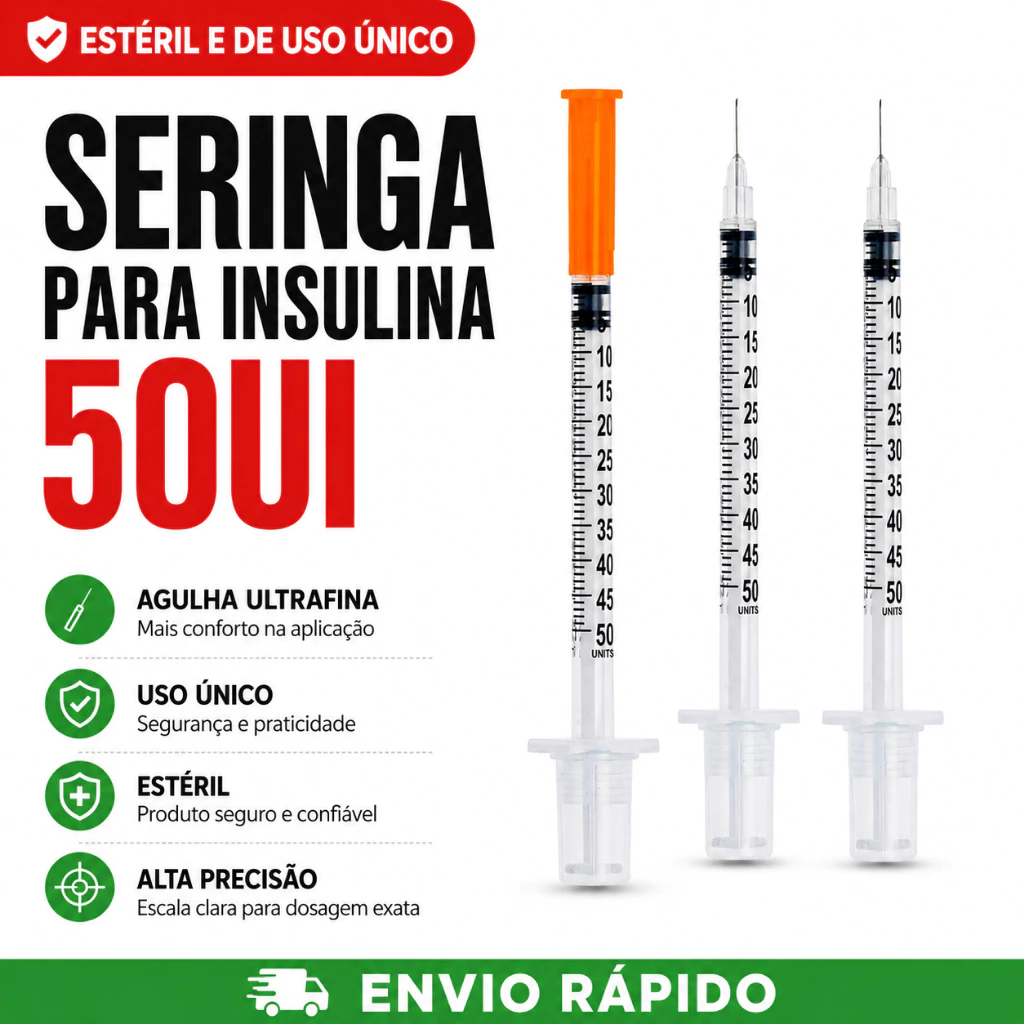 Seringa Insulina 0,5ml Fixa Agulha Fina Ultrafina 0,30mm x 8mm Graduada Estéril Descartável 50ui — imagem 1
