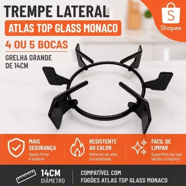 Trempe Lateral Atlas Top Glass Monaco Dako Glass 4 ou 5 Bocas Mônaco Queimador Lateral 14cm Grelha Grade Chega Hoje