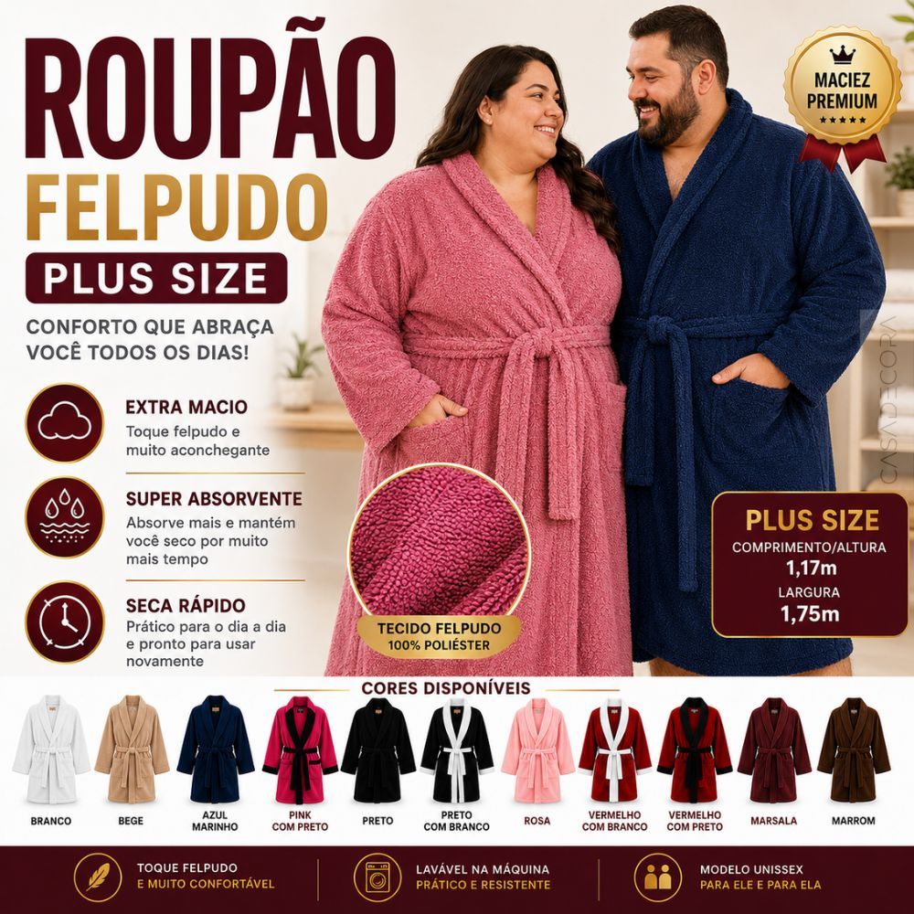 Roupão Plus Size Felpudo Unissex Adulto Atoalhado Com Bolsos XXG Poliéster Macio Confortável Inverno