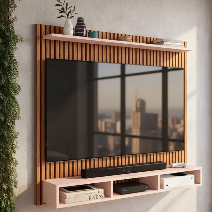 QUEIMA DE ESTOQUE! Painel Para TVs Até 60 Polegadas Ripado 3D com Nicho Prateleira Para Sala Quarto Moderno
