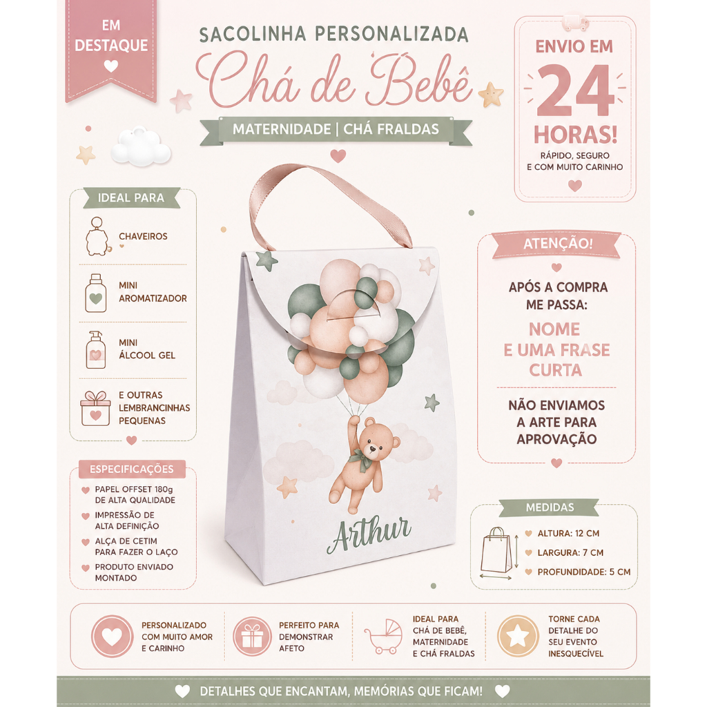 Sacolinha Personalizada Lembrancinha Infantil | Chá de Bebê | Maternidade | Aniversário | Qualquer Tema | Envio 24h