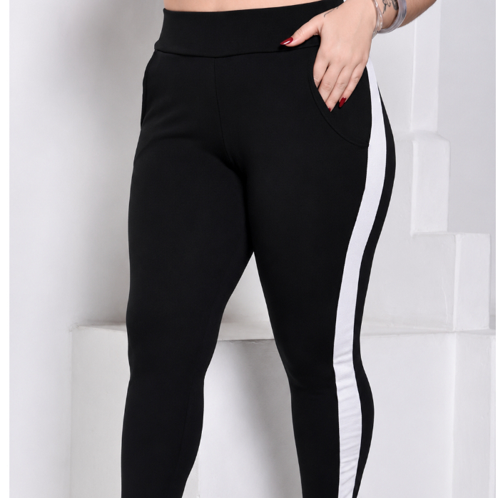 Calça Feminina Academia Malha Crepe Cintura Alta Faixa Lateral Branca Confortável