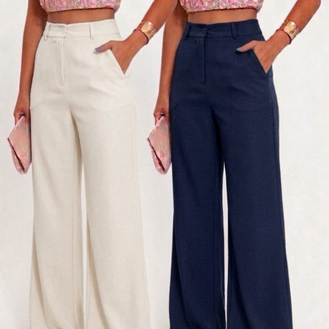 Kit 2 Calças Pantalona Feminina Alfaiataria Cintura Alta Social Elegante Blogueira