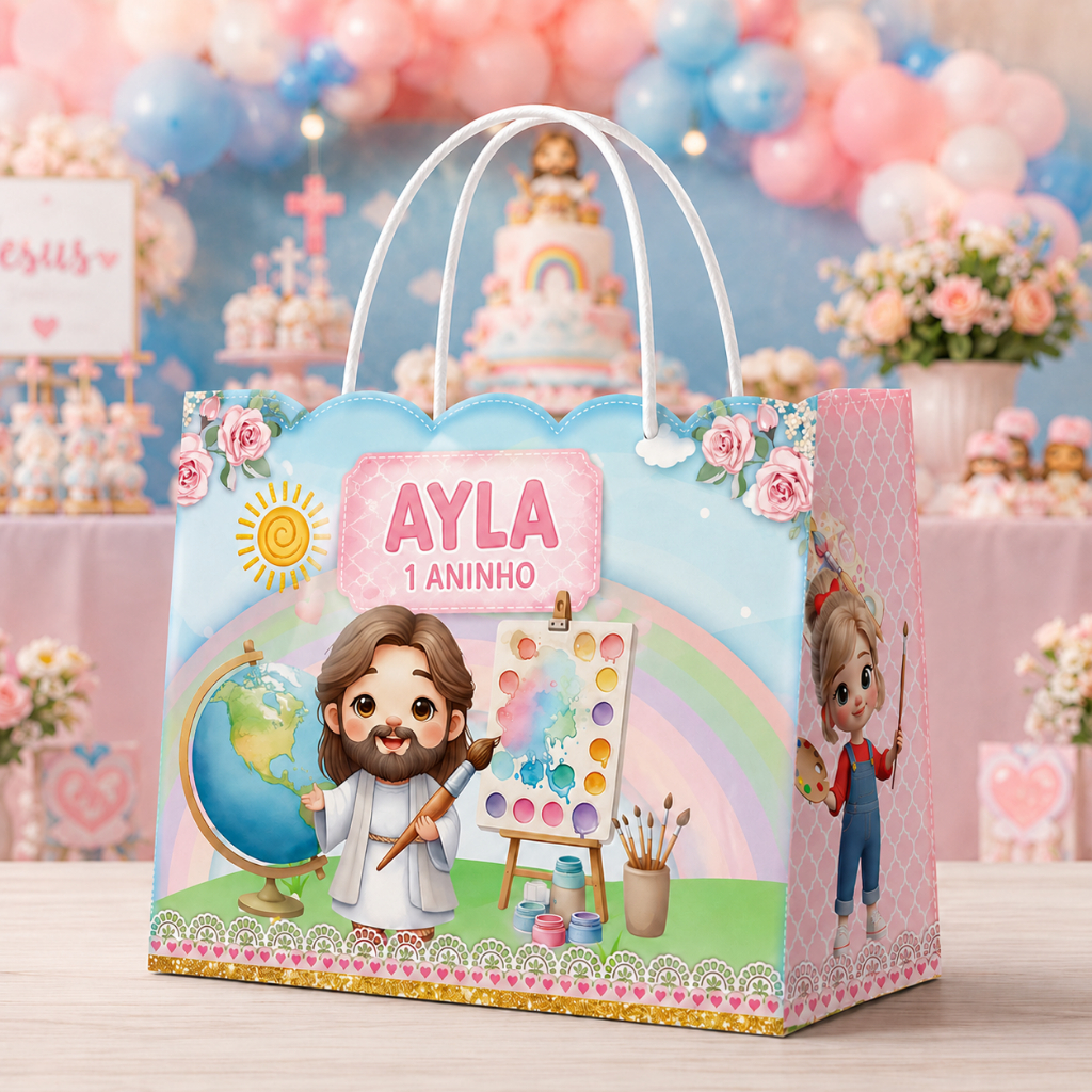 Sacola personalizada, sacolinha surpresa, festa infantil, lembrancinha, sacola doces, Jesus, maior, pintor, mundo