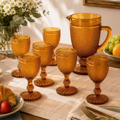 Jogo de Jarra e 6 Taças de Vidro Ambar 1L 260ml Mesa Posta
