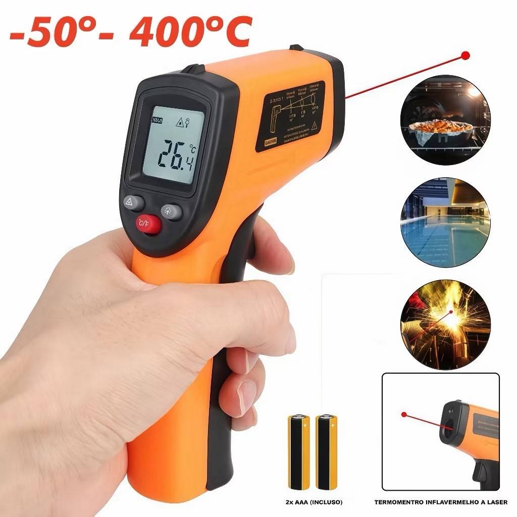 Termômetro Infravermelho Digital -50 a 400C Emissividade Ajustável Laser Profissional Culinário Automotivo