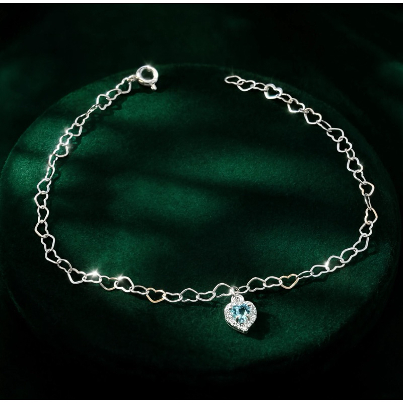 Pulseira Delicada Prata 925 Elos de Corações Coração Azul Claro Cravejado