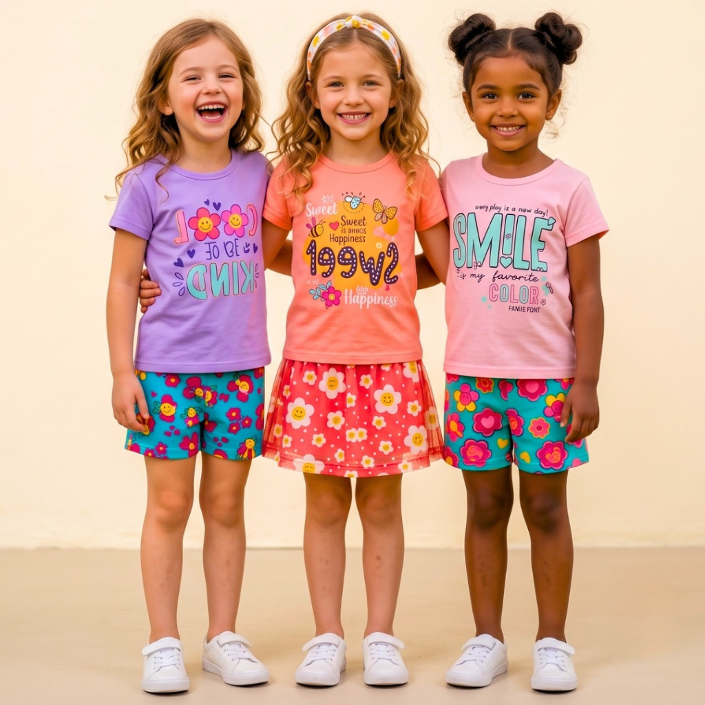 Kit 6 Peças Conjunto Menina Verão com 3 Bermuda Ciclista e 3 Camiseta Regata ou Manga Curta em Algodão 1 ao 16 anos