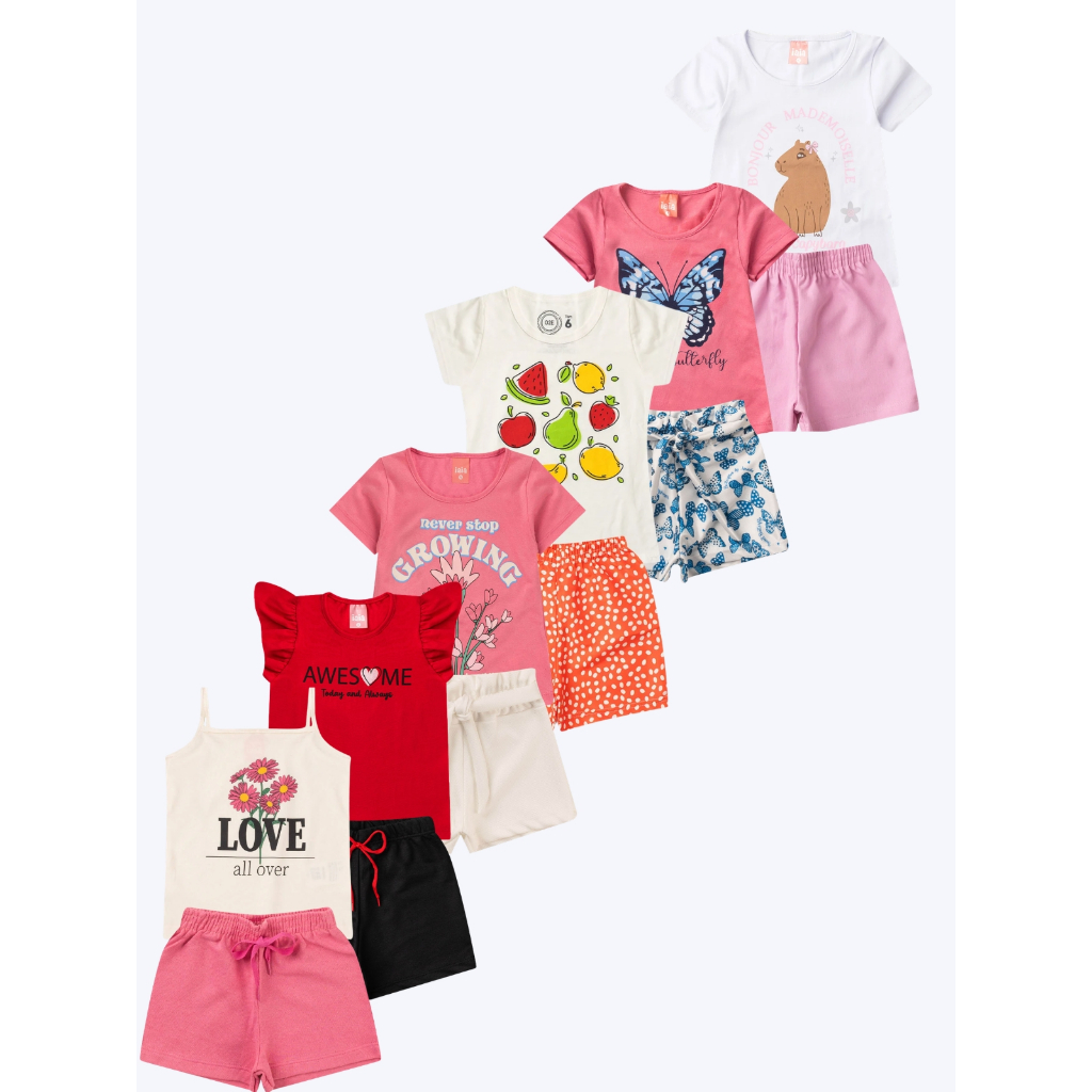 Kit 4 Conjuntos Infantil Menina Verão Bebê em Algodão Confortável 8 Peças - 4 Shorts 4 Camisas Sortido Tamanho 1 ao 12