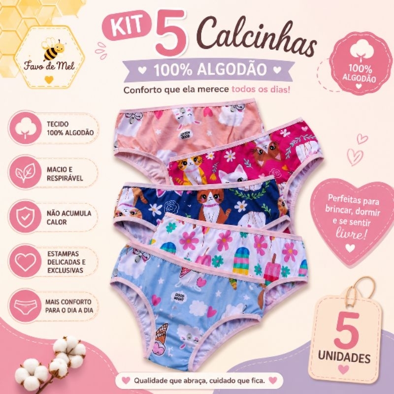 Kit 5 Calcinhas Infantil Juvenil 100% Algodão Forro Duplo Desfralde Confortável Macia Premium
