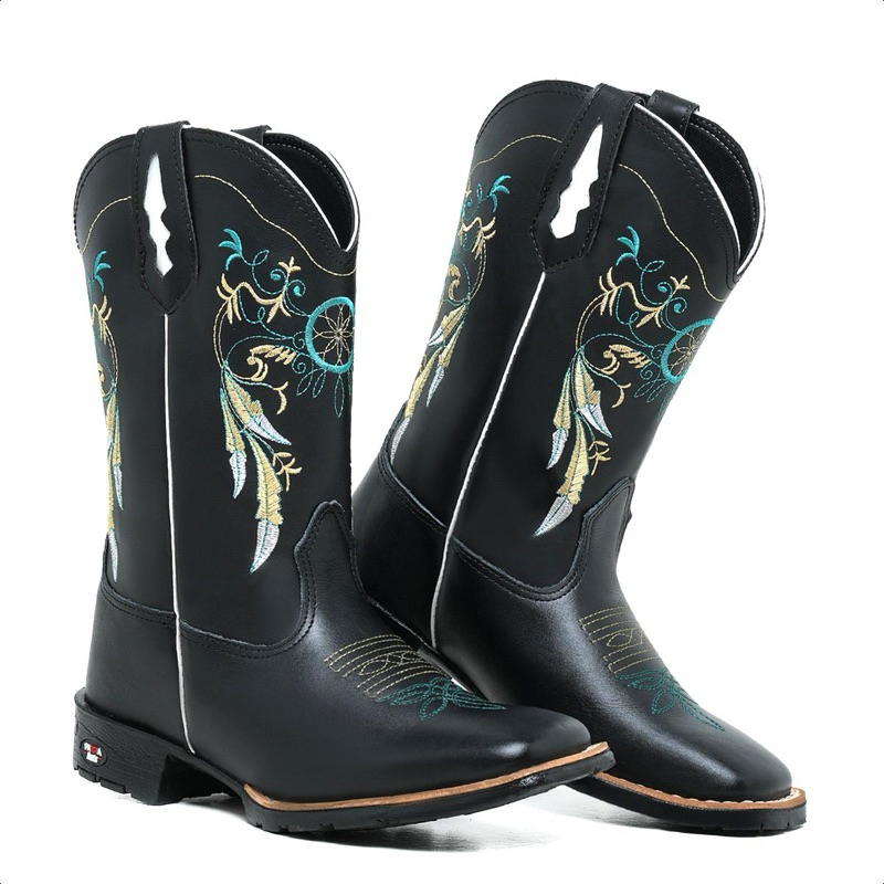 Bota Texana Feminina Pena Bordada Couro Legítimo Cano Alto Country