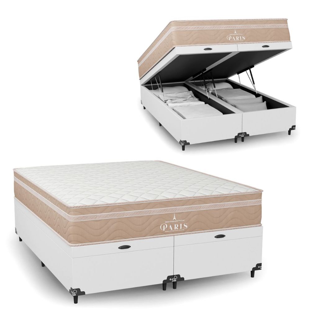 Cama Box Baú Casal Bipartido Couro Branco + Colchão Paris Molas Ensacadas Bege - e-Shop Casa
