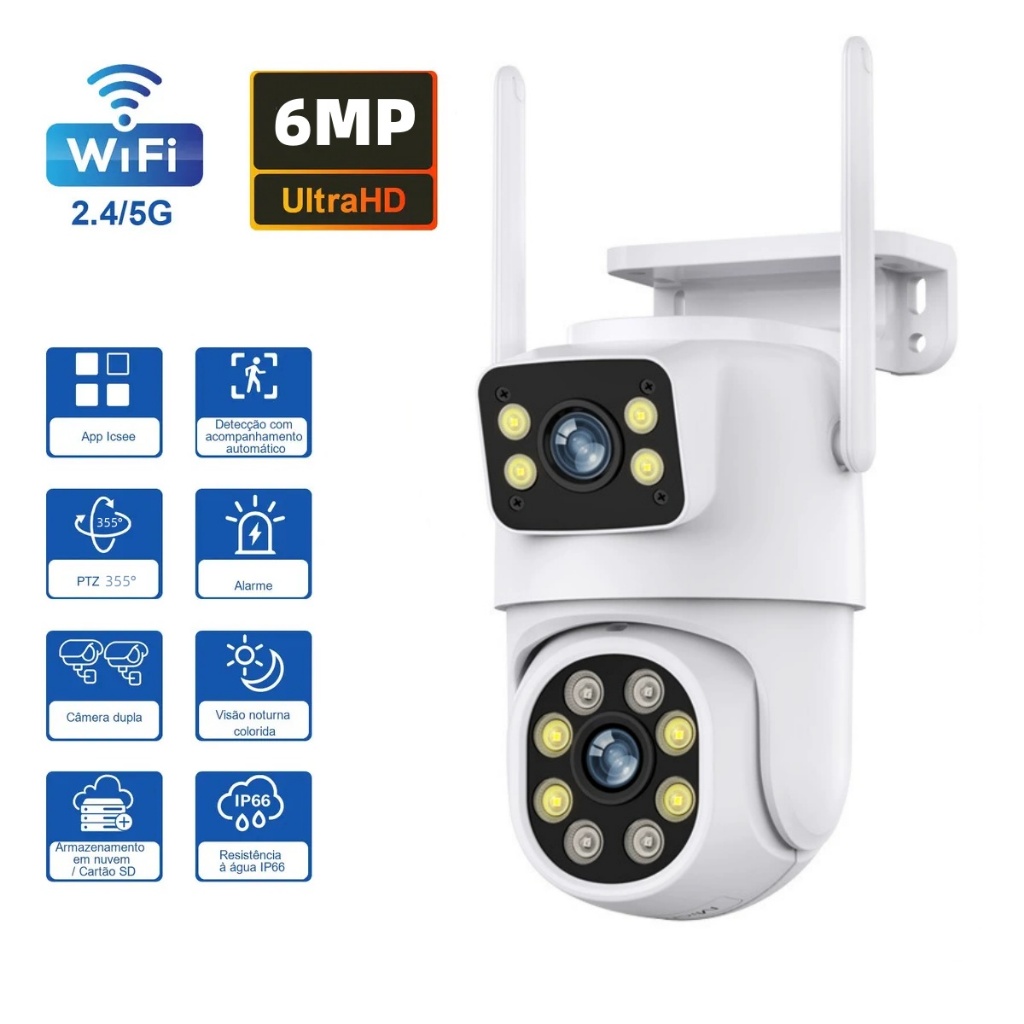 Câmera Segurança WiFi P8 Externa 6MP Dupla Lente  Visão Noturna Colorida  Áudio Bidirecional