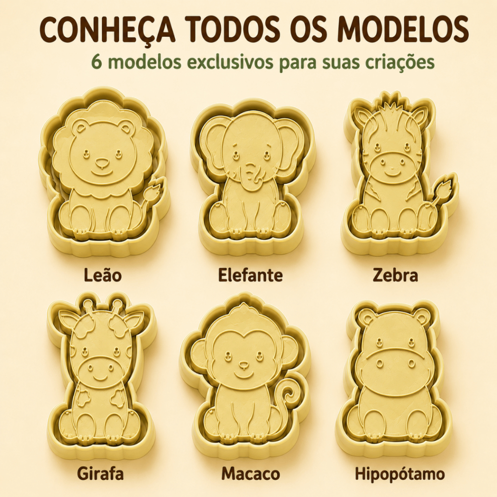 Kit 6 Cortador de Biscoito Safari com Carimbo e Puxador