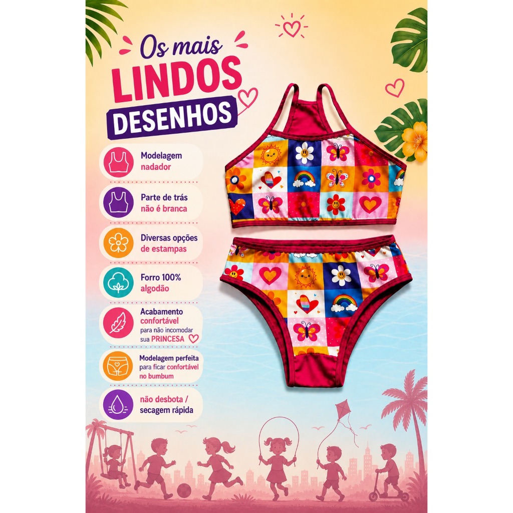 Kit 3 Conjuntos Menina Moça Estilo Nadador Infantil Sublimado Biquini Personagens presente praia — imagem 2 de 2