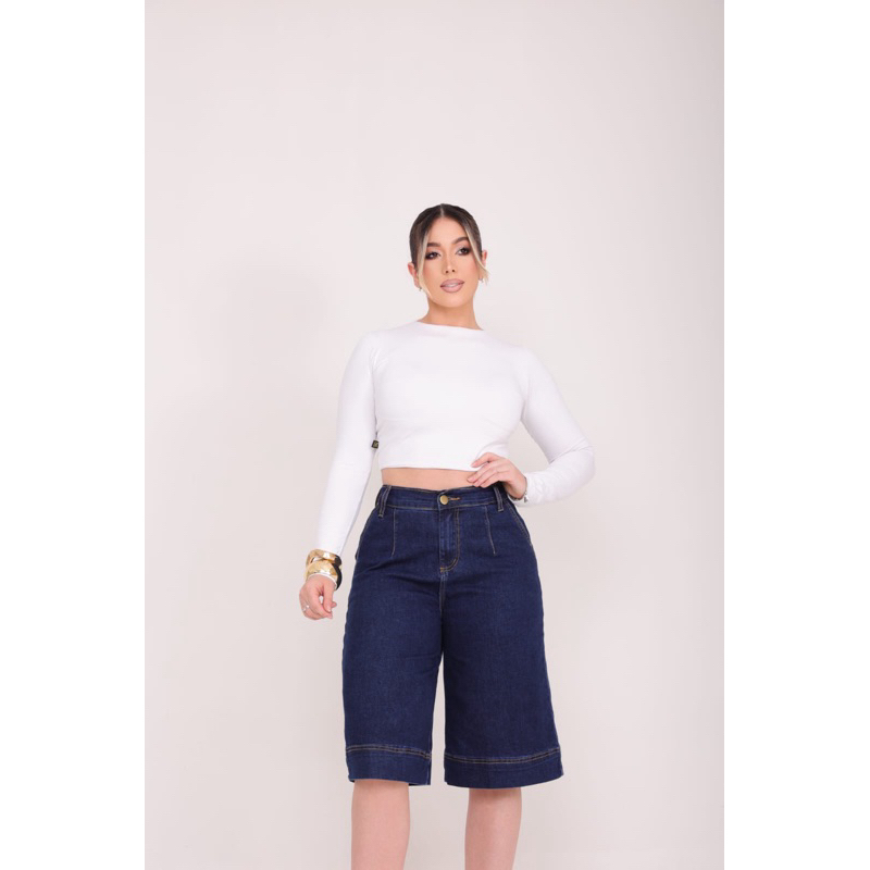 Bermuda Jeans Feminina Jort Ciclista Barra Larga Cintura Alta com Lycra e Elastano Hellin Premium