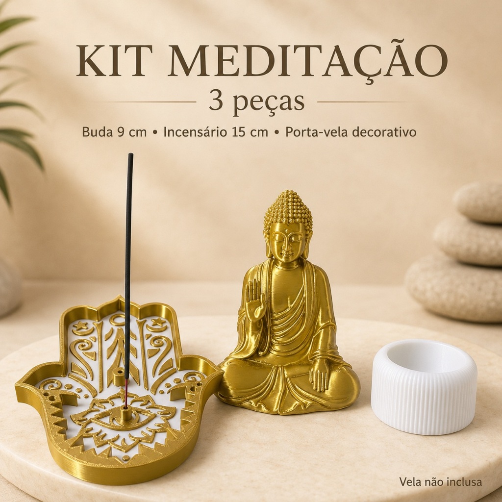 Imagem Kit Meditação – Buda com Incensário Mão de Fátima e Porta-Vela | Decoração Zen Espiritual – 3 Peças