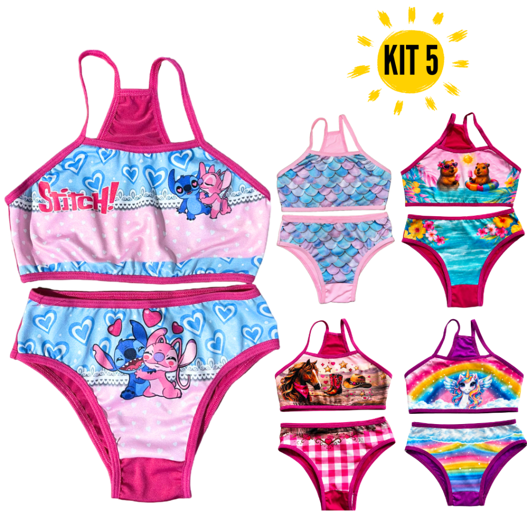 Kit com 5 Conjuntos Infantis Biquini Infantil Sublimado Desenhos Meninas verão  presente natal