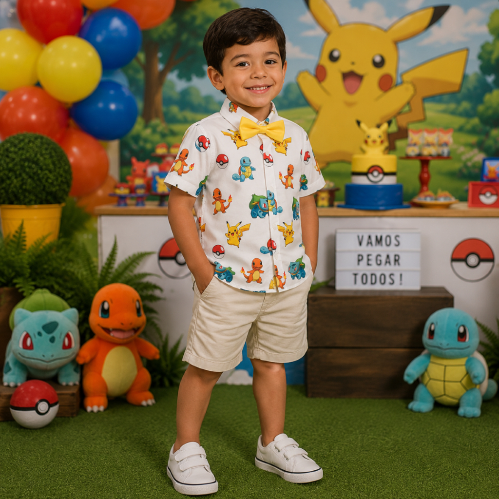 Camisa Infantil Temática Pokémon Picachu Gravata Brinde