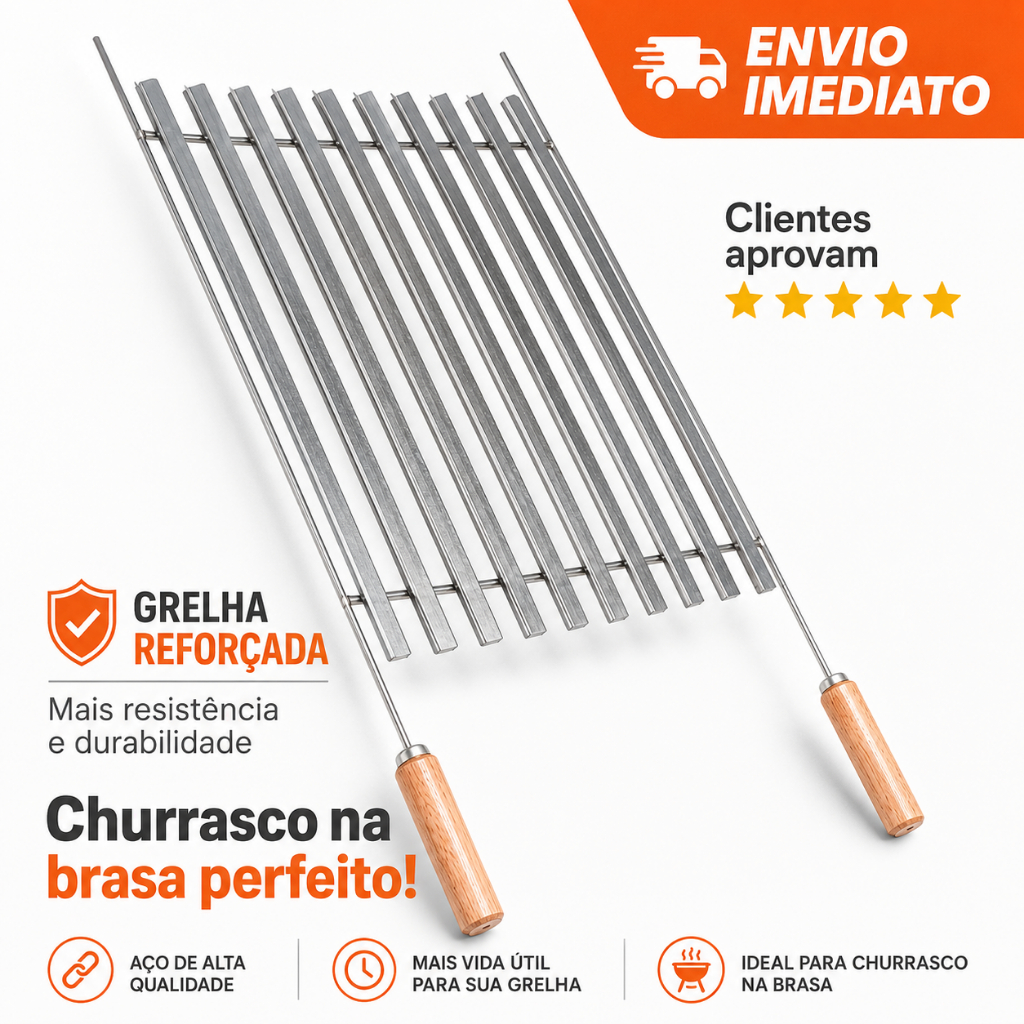 Grelha Parrilla Cromada para Churrasco com Cabo de Madeira – Reforçada
