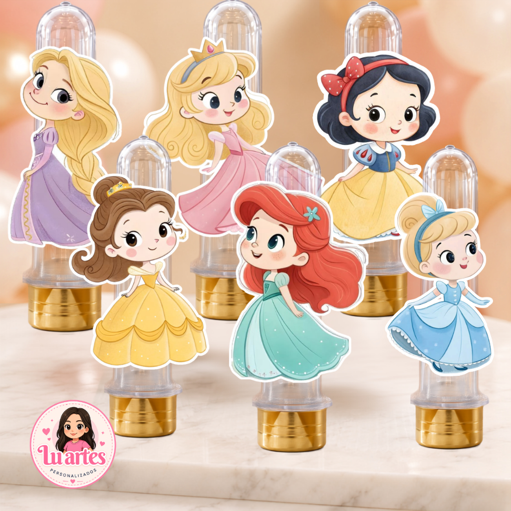 Aplique para Tubete Princesas Cute | Aplique Personalizado | Decoração Festa Infantil | Lembrancinha de Aniversário | Ki