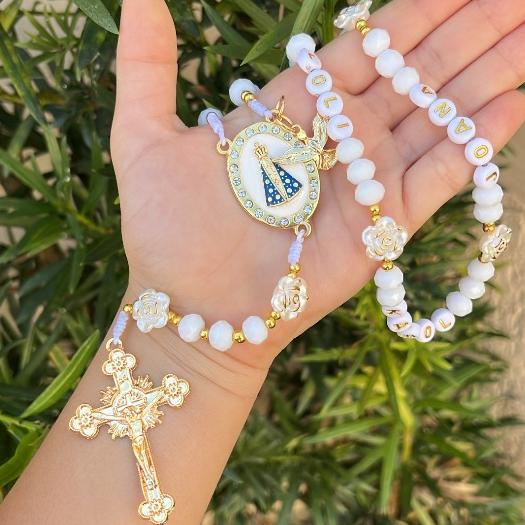 Terço Personalizado com Nome Presente Religioso Católico Batizado Primeira Comunhão Lembrancinha LUXO