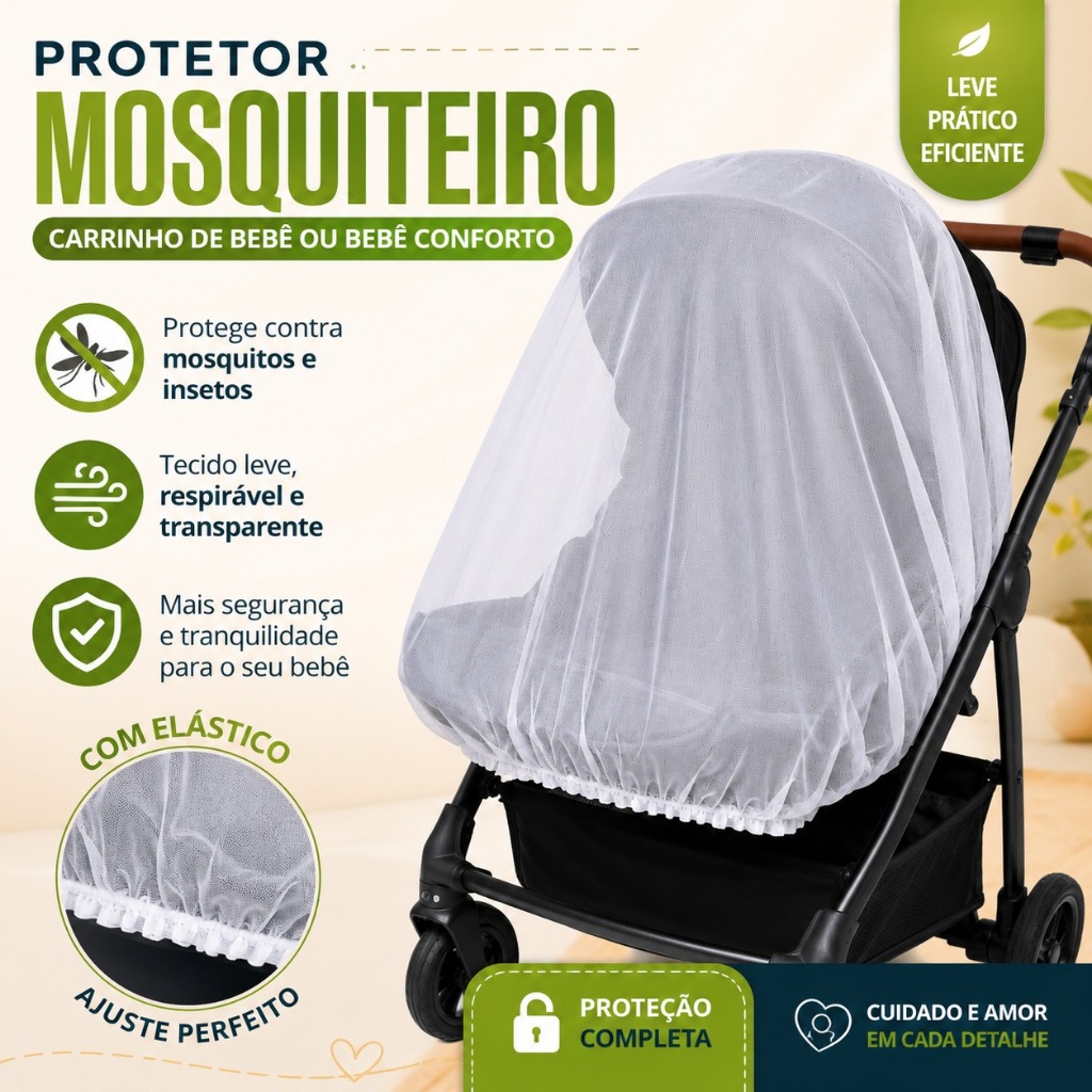 Mosquiteiro Protetor para Carrinho de Bebê com Elástico Universal Anti-mosquito Branco