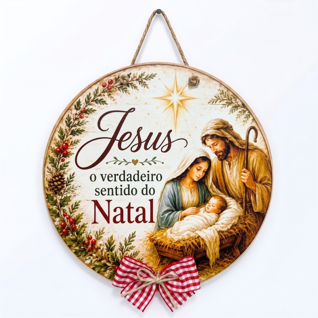 Guirlanda de Natal Religiosa 25cm Jesus em MDF com Impressão UV