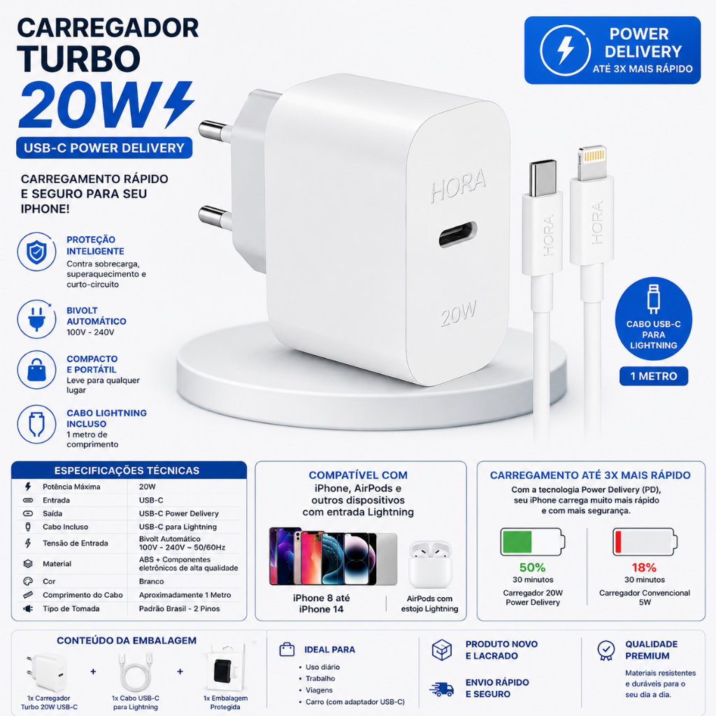 Carregador Rápido 20W com Cabo USB-C PD 3A para Lightning