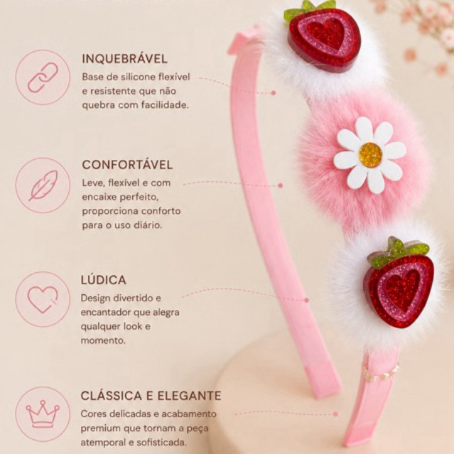 ARCO INFANTIL ROSA | TIARA INFANTIL MENINA MORANGUINHO | ARQUINHO MENINA ROSA COM POMPOM — imagem 2 de 2