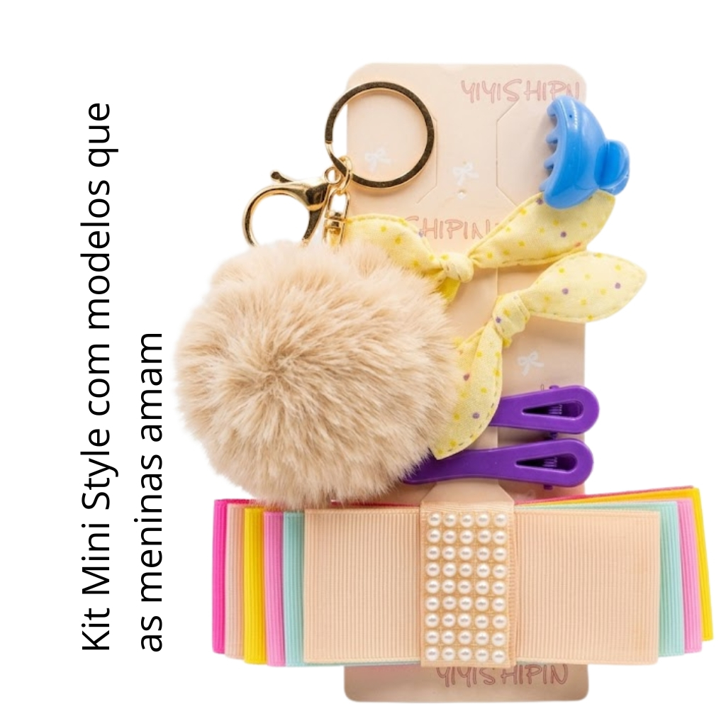 Kit Mini Style 7 Peças – Laço, Presilhas, Tic Tac, Chaveiro e Prendedor Infantil | Delicado, Colorido e Pronto para Usar