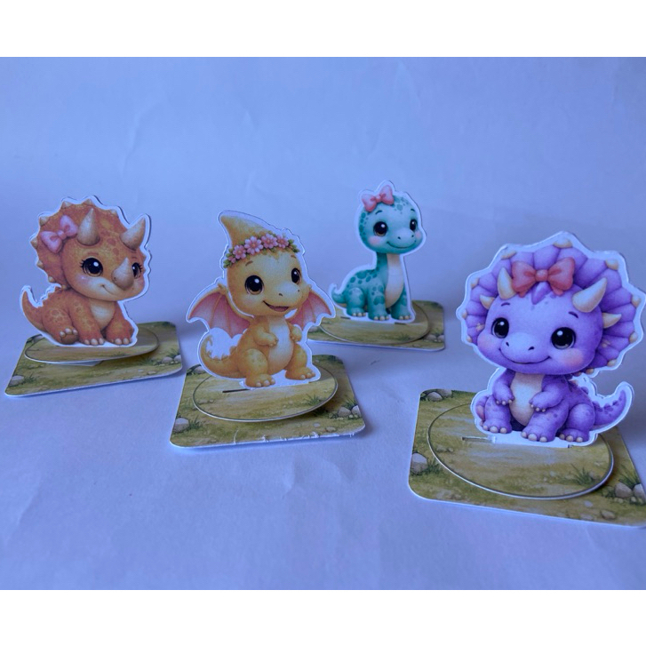 20 Aplique 3D Dinossauro Baby Menina 5cm Papel Fotográfico | Tag Personalizada para Lembrancinhas Festa Infantil
