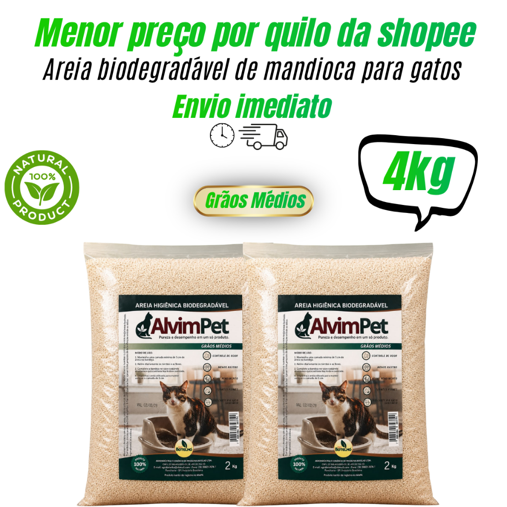 Areia para Gatos Biodegradável de Mandioca 4kg (kit Com 2 pacotes) Areia Higiênica AlvimPet - Grãos Médios